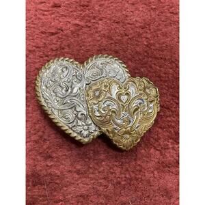 Vintage Crumrine Silver Plate Double Heart Belt Buckle 3 1/4” X 2 1/2”